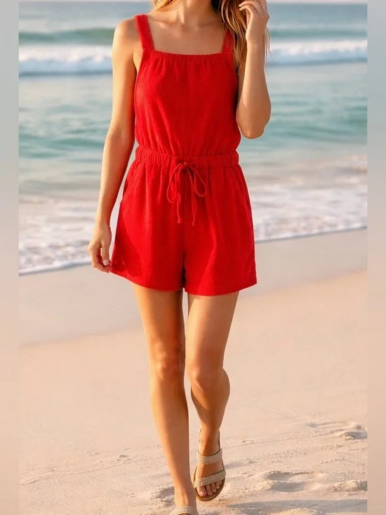 NWOT Easel True Red Terry Short Romper with Adjustable Straps Small