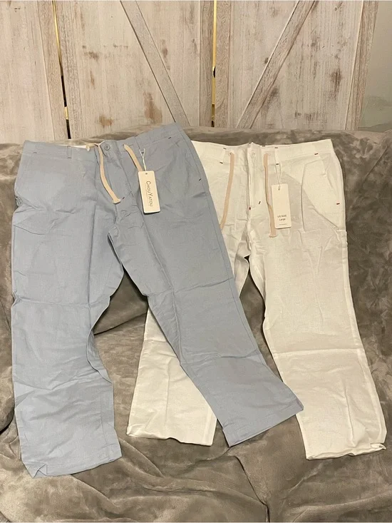 Two-Drawstring Chinos in Light Blue and Cream