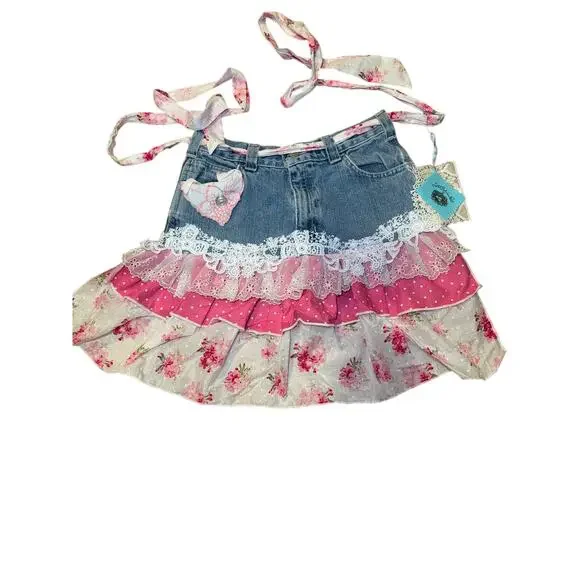Sweet Robin's Nest Upcycled Denim Ruffle Apron Skirt Floral Lace Pink Blue NWT