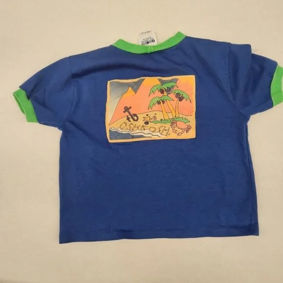 OshKosh 90s B'gosh Kids Blue Green Pocket Beach‎ Palm Tree T-Shirt Size 4 crab