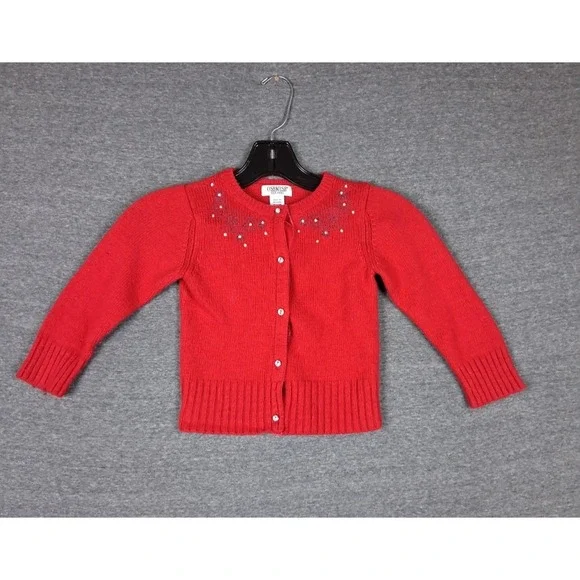 Osh‎ Kosh Girls Sweater 4 Red Knit Angora Wool Blend Cardigan Soft Embroidered