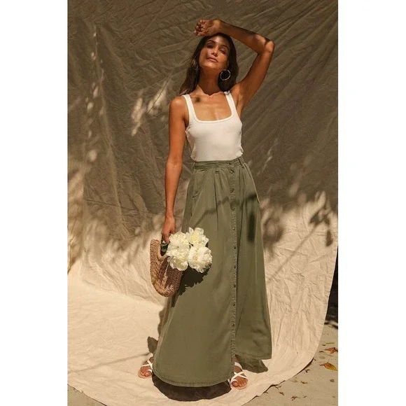 Pistola Maxi Skirt Button Front Womens Size S Olive Green High Waist Boho NEW