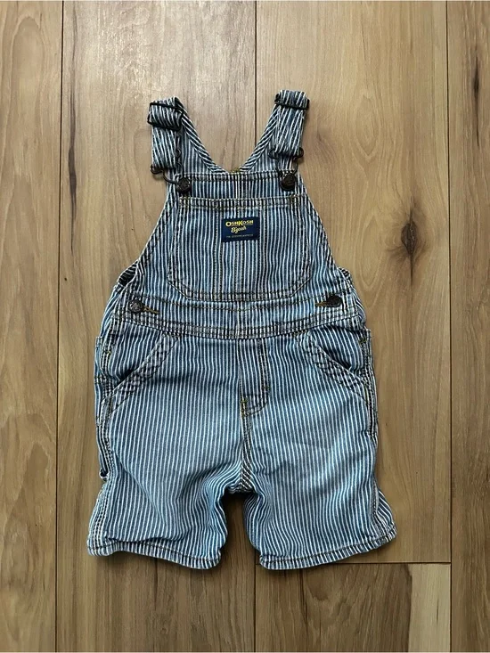 OshKosh B'gosh Blue and White Stripe Short Overalls Railroad