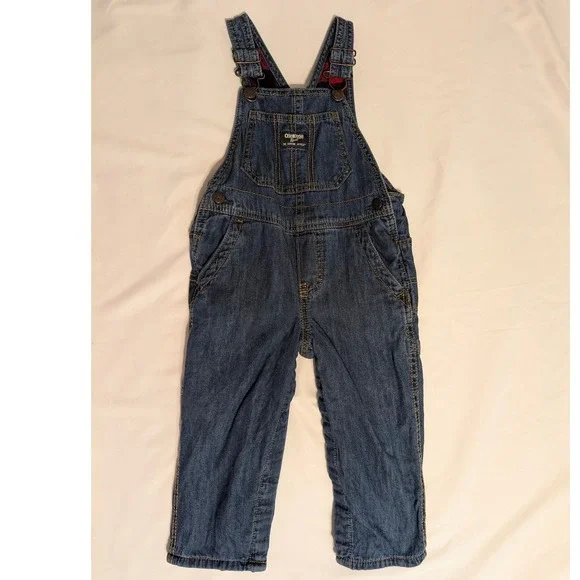 OshKosh B'Gosh Kids Flannel Lined Denim Overalls Vestbak Buffalo Plaid Size 24M