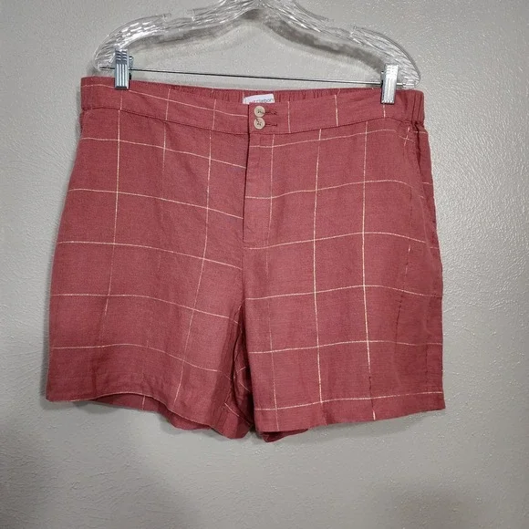 Liz Claiborne Size 14‎ Women's Rose Linen Blend Shorts Windowpane Plaid Summer
