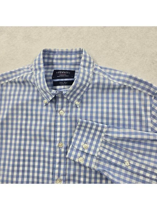 Charles Tyrwhitt Weekend Button Down Dress Shirt Sz L Non-Iron Classic Fit Blue