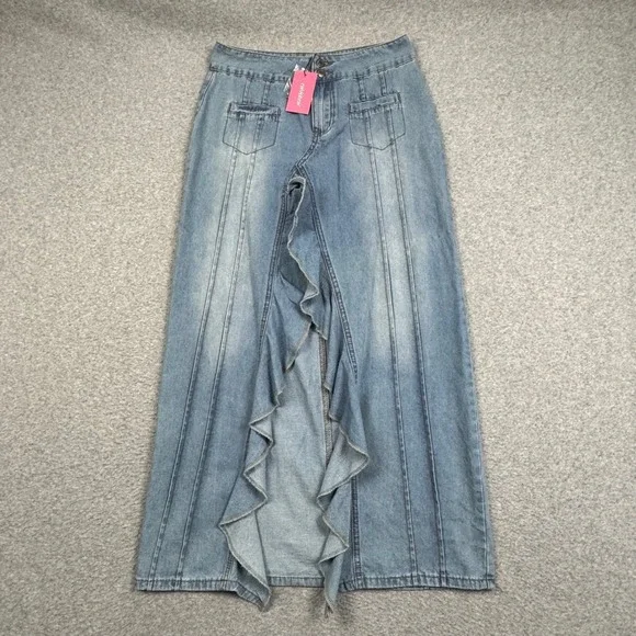 Edikted Denim Maxi Skirt Light Wash Ruffle Front Slit Y2K Blue Women Size M NEW