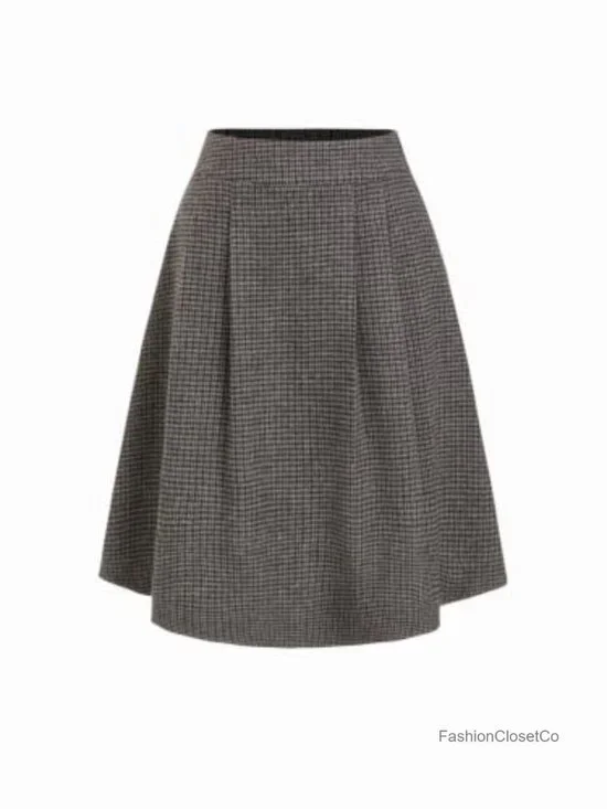 Plaid Pleated Midi Skirt with Pockets Office Fall Skirt