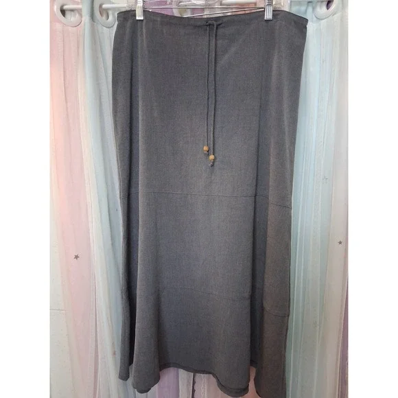 Charcoal Gray Boho Maxi Skirt Wood Bead Drawstring Detail and Hidden Zipper 1110