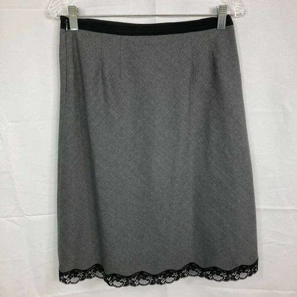 The Limited Skirt Womens Sz 2 Gray Black Wool Silk‎ A Line Midi Lace Trim