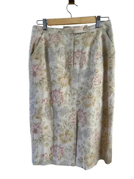 Vintage Chelsea Campbell High Waisted Linen Midi Skirt Beige Floral Print