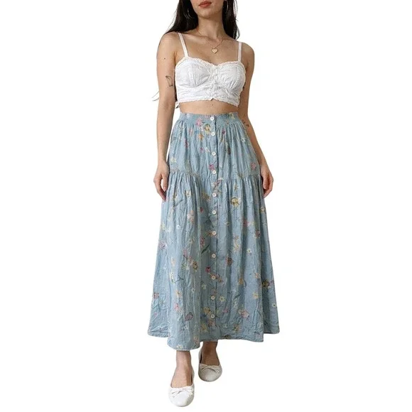 SURREALIST 90s Crinkle Floral Midi Skirt Heart Buttons Cottagecore Romantic‎