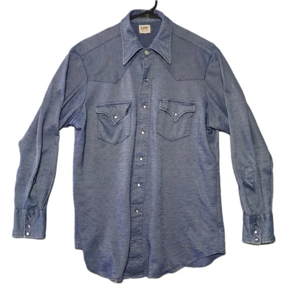 VINTAGE Lee Shirt Men 17.5 Blue Chambray 70s Western Pearl Snap Cowboy Rodeo USA