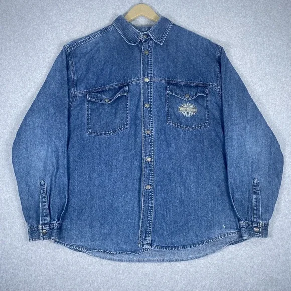 Harley Davidson Denim Shirt Mens XL Blue Long Sleeve Embroidered Logo B8-69