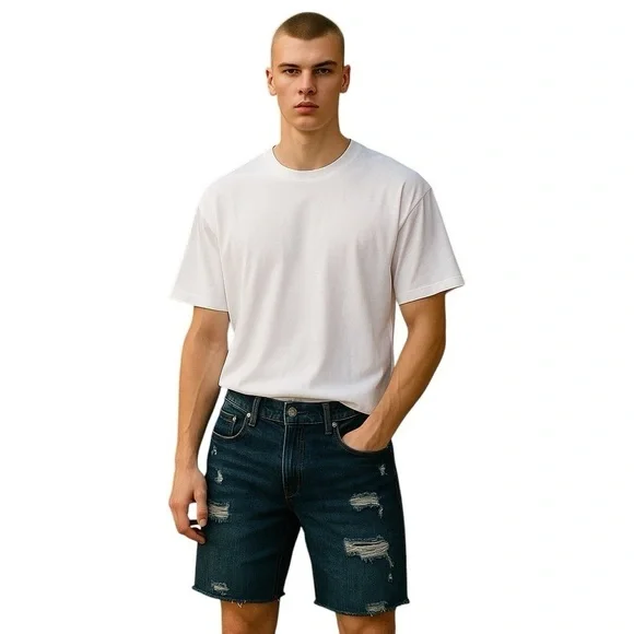 Abercrombie & Fitch‎ Men Blue Distressed Button Fly Denim Shorts