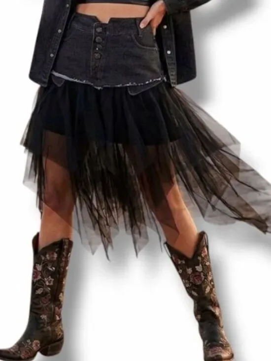 Black Denim Tulle Asymmetric Midi Skirt Lg. NWT