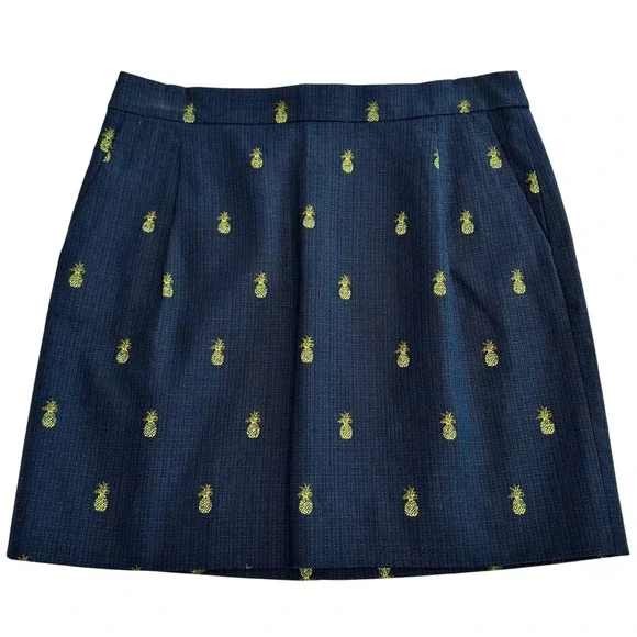 J Crew Womens Navy Blue Pineapple Embroidered Cotton Mini Skirt Size 4 Tropical‎
