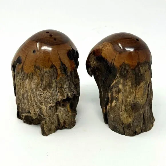 Handmade Live-Edge Wood Salt & Pepper Shakers 2pc Brown/Black Small 4in
