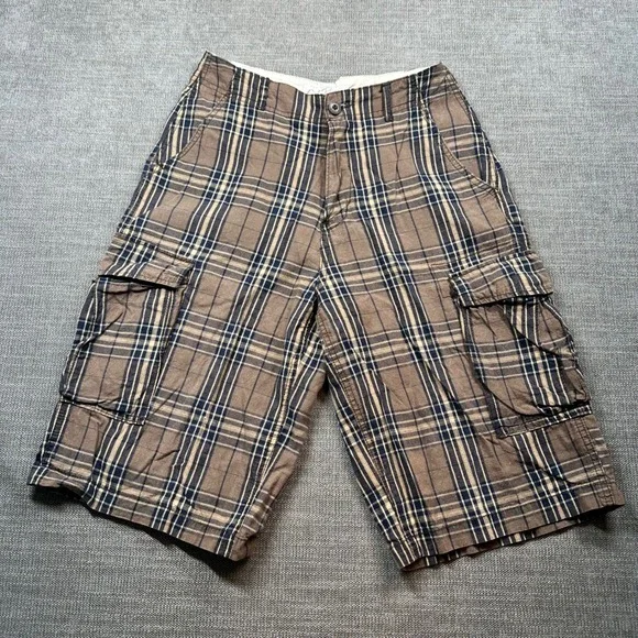 OTB Cargo Shorts Mens 18‎ Brown Plaid  Ramie Cotton Utility Pockets