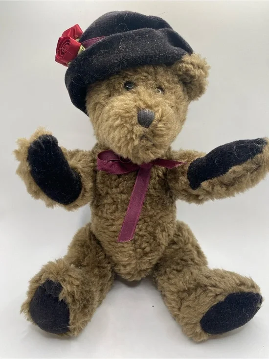 Boyds Bears Brown Plush Teddy with Black Accents and Burgundy Bow