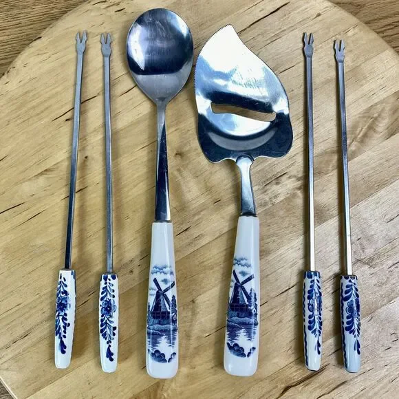 Vintage Delft Elesva Holland 6pc Utensil Set Blue Windmill Ceramic Handle Cheese