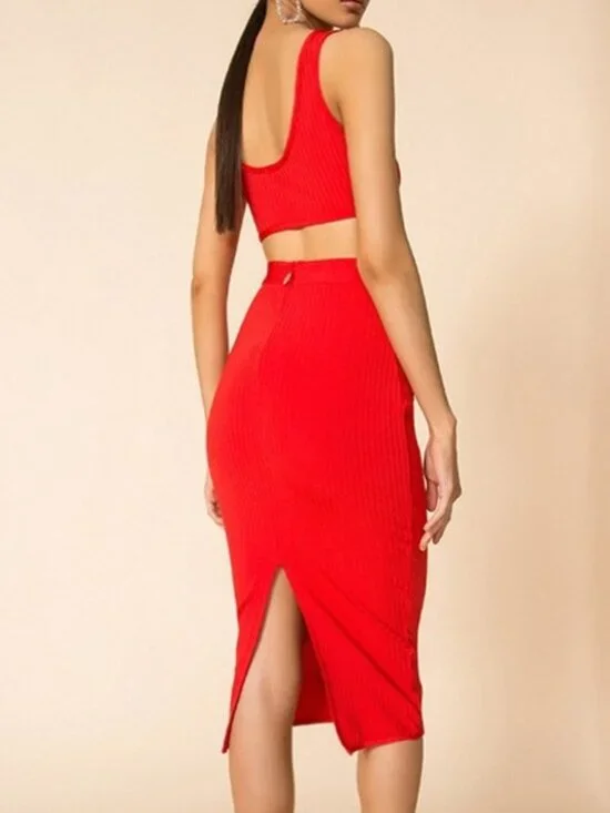 SUPERDOWN‎ Akeela Skirt Womens Small Red Ribbed Knit Midi Pencil Slit Zip