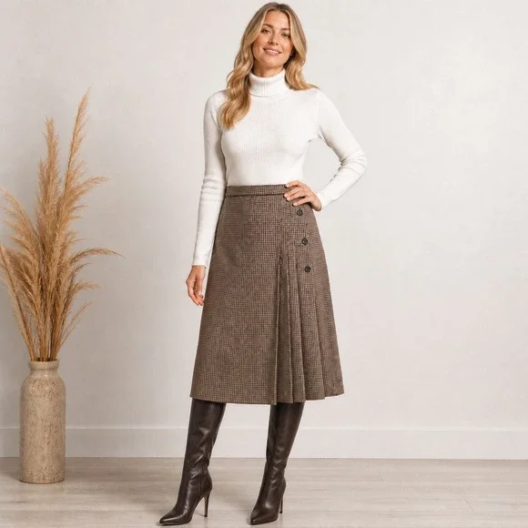 VTG 70s Houndstooth‎ Wool Blend Heavyweight Pleated Midi Skirt Brown Sz XS