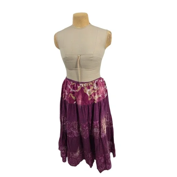 Elementz Tiered Midi Skirt Women Size L Purple Cotton Paisley Boho Peasant