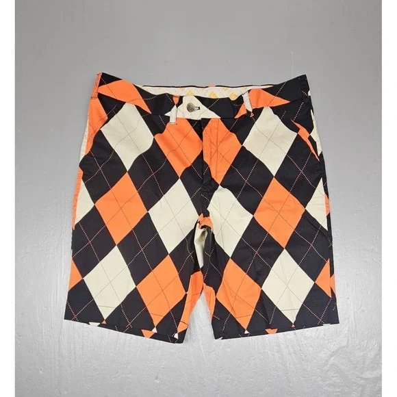 Loudmouth Golf Short Mens 38 Orange Black White Argyle‎ Diamond Preppy Casual