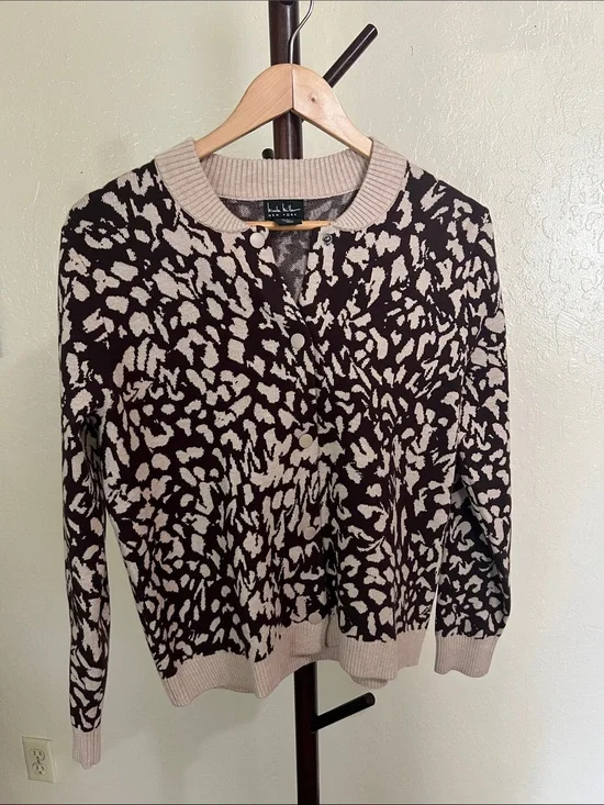 Nicole Miller Brown and Beige Animal-Print Cardigan