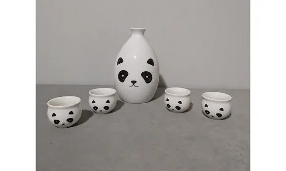 5pc Ceramic Panda Sake Set Japanese Decanter Bottle 4 Cups Storage Box Kawaii