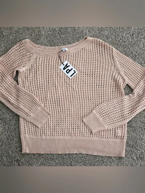 LPA Rose Gold Fishnet Asymetrical Boat Neck Sweater M