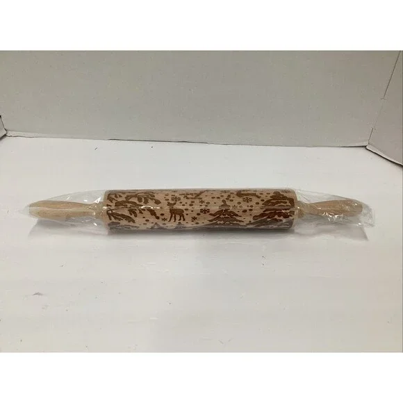 wooden embossed rolling pin engraved Christmas deer forest trees snowflakes