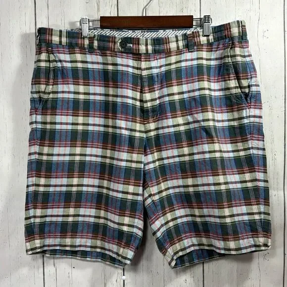 Brooks Brothers Mens Linen Blend Chino Flat Front Plaid Casual Pockets