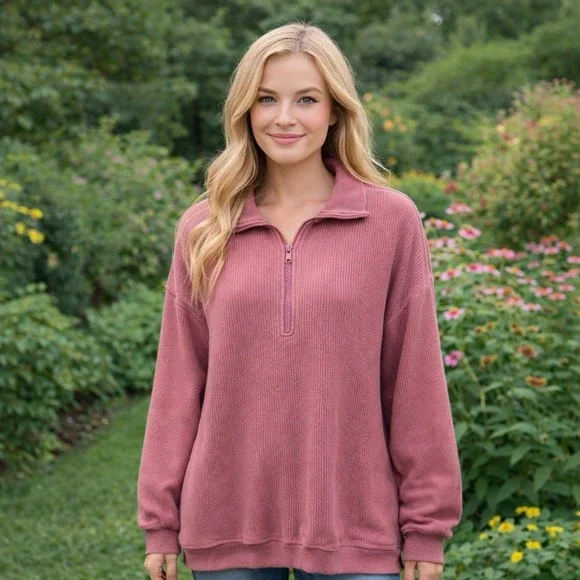 Aerie Oversized Beyond Ribbed Quarter‎ Zip Pullover Sweater Pink Cozy S