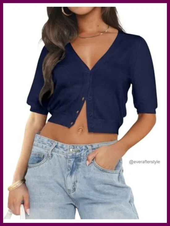 Women's Knit Cardigan Sweater V-Neck Button Down Crop Top Summer Lightweight