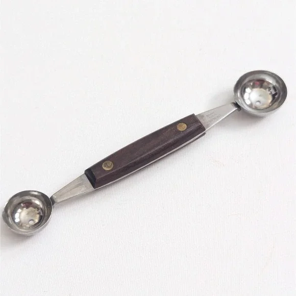 Vintage Double Sided Melon Baller Stainless Wood Handle Sturdy Retro MCM Japan