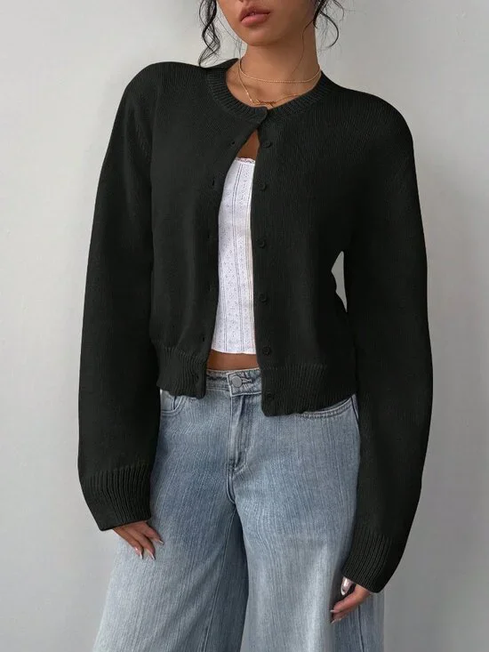 Black Casual Women's Crew Neck Long Sleeve Loose Cropped Cardigan