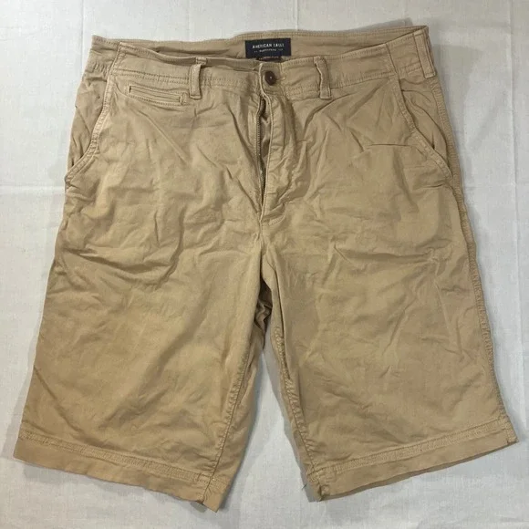 American Eagle Extreme Flex Longer Length Khaki Chino Shorts Mens 34 Tan Stretch