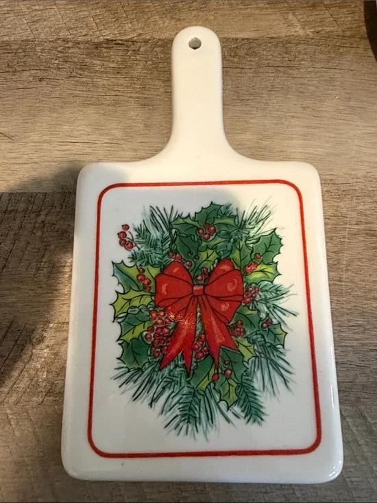 Vintage Ceramic Holiday Trivet with Red Bow Design