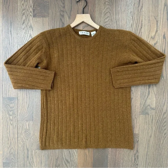 Vintage Chaus Thick Ribbed Lambswool Crew Neck Sweater in Warm Brown Medium