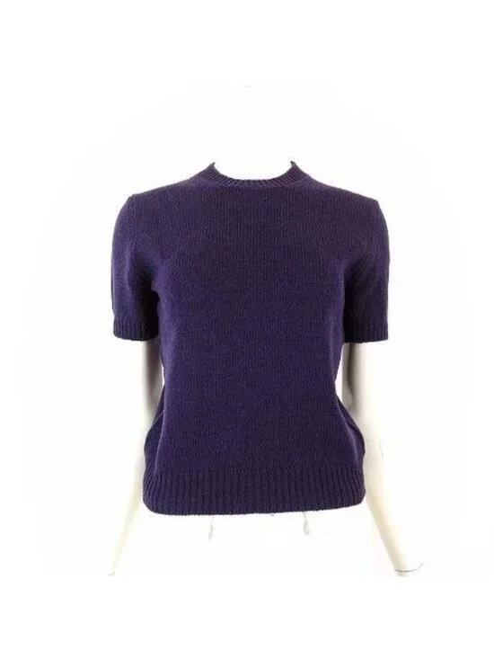 Prada Knit Sweater Short Sleeve Triangle Back Logo Wool M Purple 40