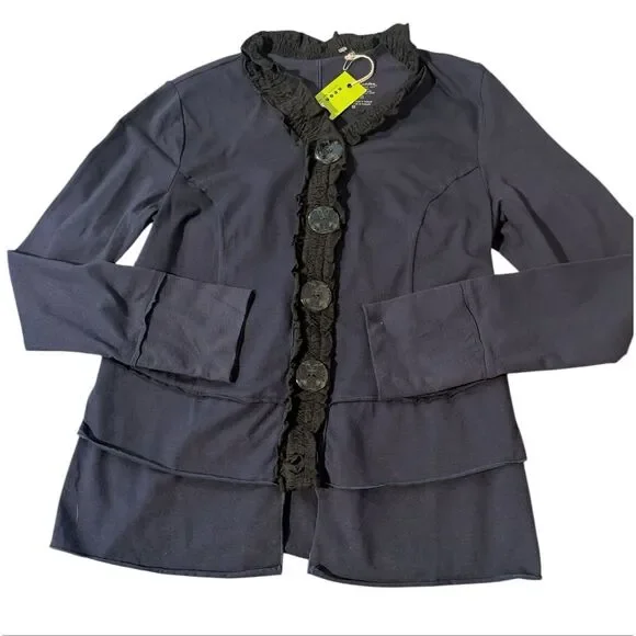 NEON BUDDHA WomeBlue Black Stretch Cotton Jacket Cardigan XS Button Front Ruffle