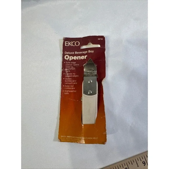Vintage 1982 EKCO Deluxe Beverage Boy Opener 08750 Can Bottle Corkscrew USA Made