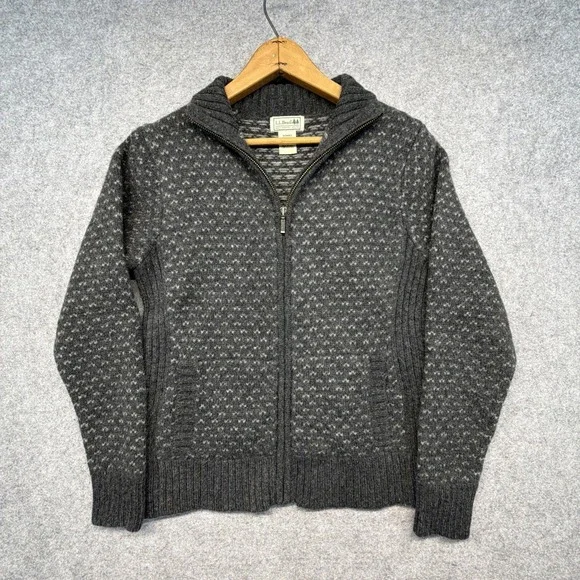 LL Bean Sweater Womens Small Gray Lambs Wool Cardigan Nordic Fair Isle Birds Eye