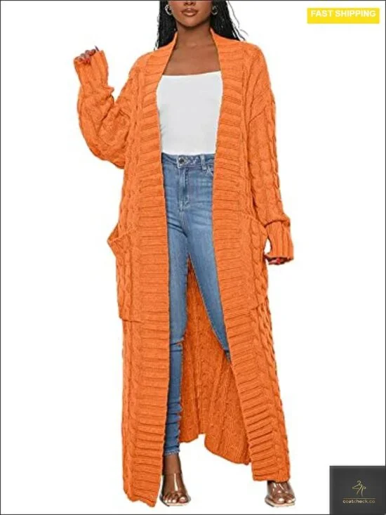 Plus Size Chunky Cable Knit Duster Cardigan Open Front Long Sleeve with Pockets
