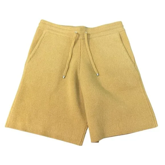 Frame Wide-Leg Ribbed Cashmere Drawstring Shorts Yellow mustard summer knitted