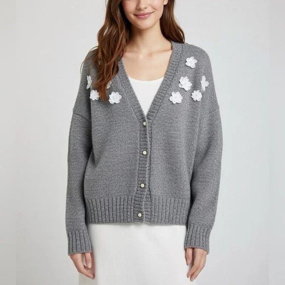 C&C California charcoal gray knit cardigan with floral appliques XL