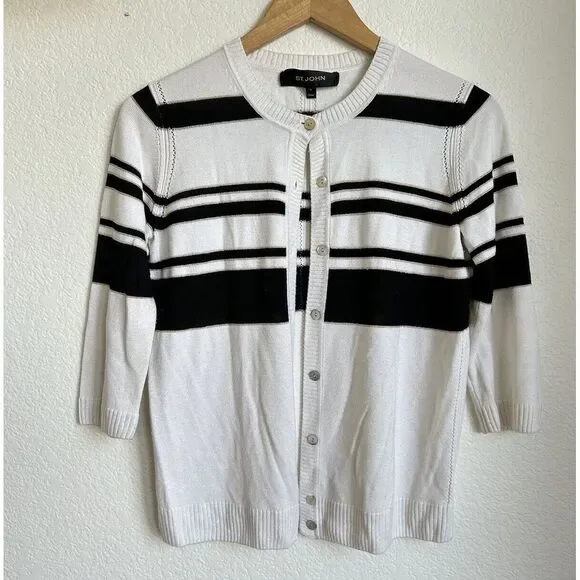 St. John Striped‎ Button Cardigan Sweater White/Black Size S (P) Cashmere Blend