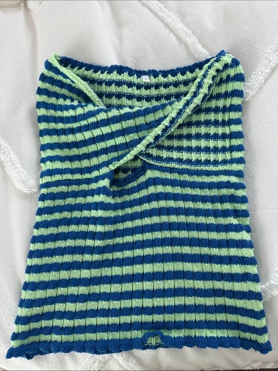Striped Green & Blue Women's Knit Tube Sweater